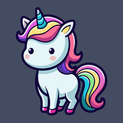 Cute Unicorn Vector Sticker Design with Flat Colors on Black Background
