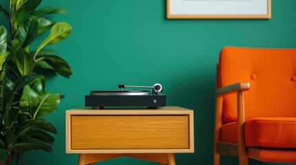 Fototapeta premium Mid-century modern room with a vintage record player, wooden furniture, and retro decor, [mid-century room], [retro ambience]