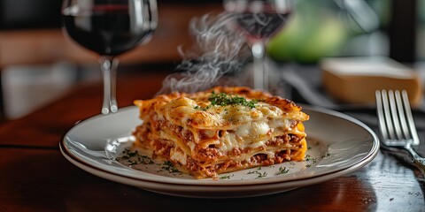 Steaming Lasagna Bolognese with Red Wine on White Plate