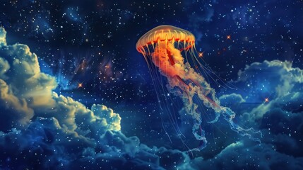 Fototapeta premium A jellyfish depicted in a surreal, dreamlike setting, defying gravity and floating amidst a starry sky