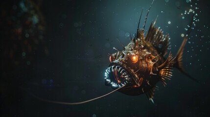 A lone anglerfish dangling its bioluminescent lure in the darkness, its sharp teeth ready to ambush unsuspecting prey.
