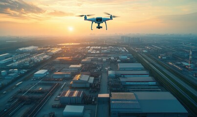 Composited image of drone aerial view of modern industrial area and communication network concept