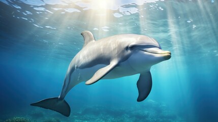 A majestic bottlenose dolphin swimming gracefully through the underwater world, its intelligent eyes gazing into the distance