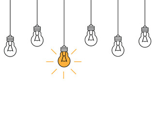 Several Lamps Hanging from Above Bright Business Idea Concept. Brainstorming and achieving success concept vector