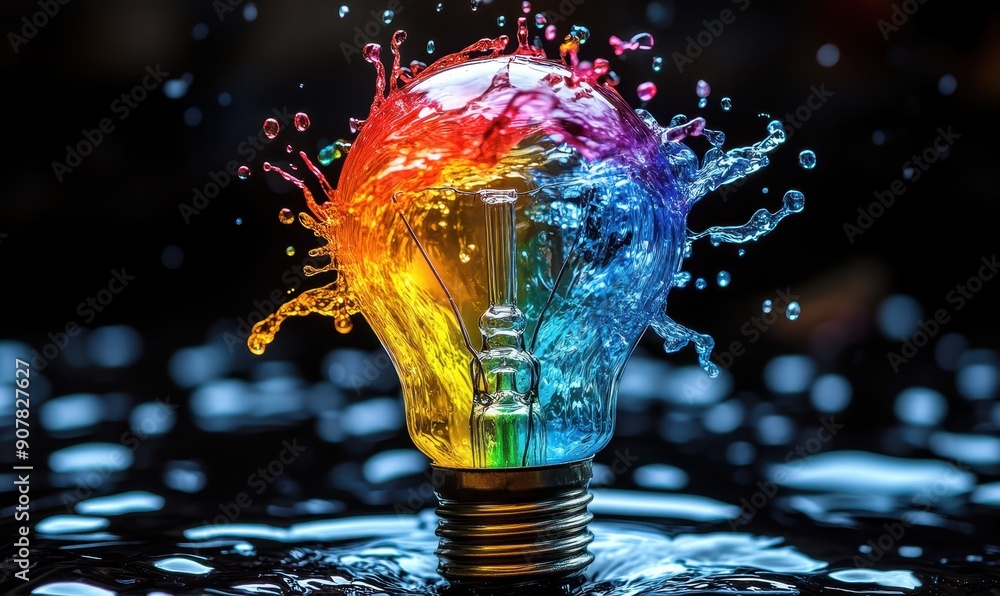 Wall mural lightbulb idea concept with colorful liquid of splashing unique creative idea on black background