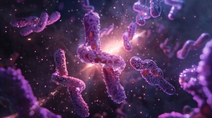 Fototapeta premium A microscopic view of chromosomes, revealing their intricate dance within the nucleus of a cell, highlighting the beauty and complexity of life.