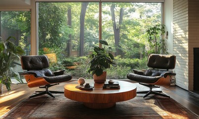 Fototapeta premium Livingroom, two leather chair at wooden round coffee table in Mid