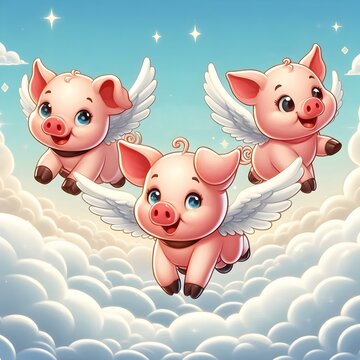 Concept "when pigs fly", pigs with wings flying in the sky