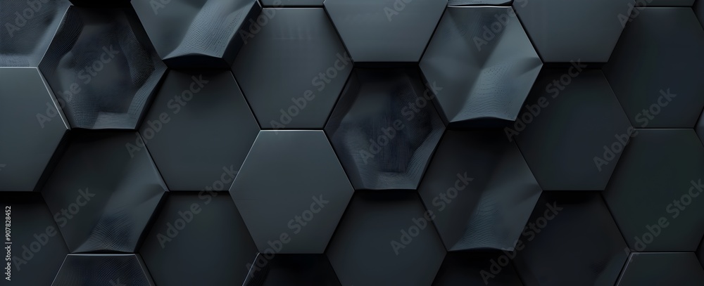 Poster 3d render of black abstract background with hexagon pattern, dark gray color