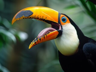 Fototapeta premium Medium shot of Colorful photo of bird with wide opened mouth, themed background, 