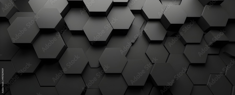 Poster 3d render of black abstract background with hexagon pattern, dark gray color