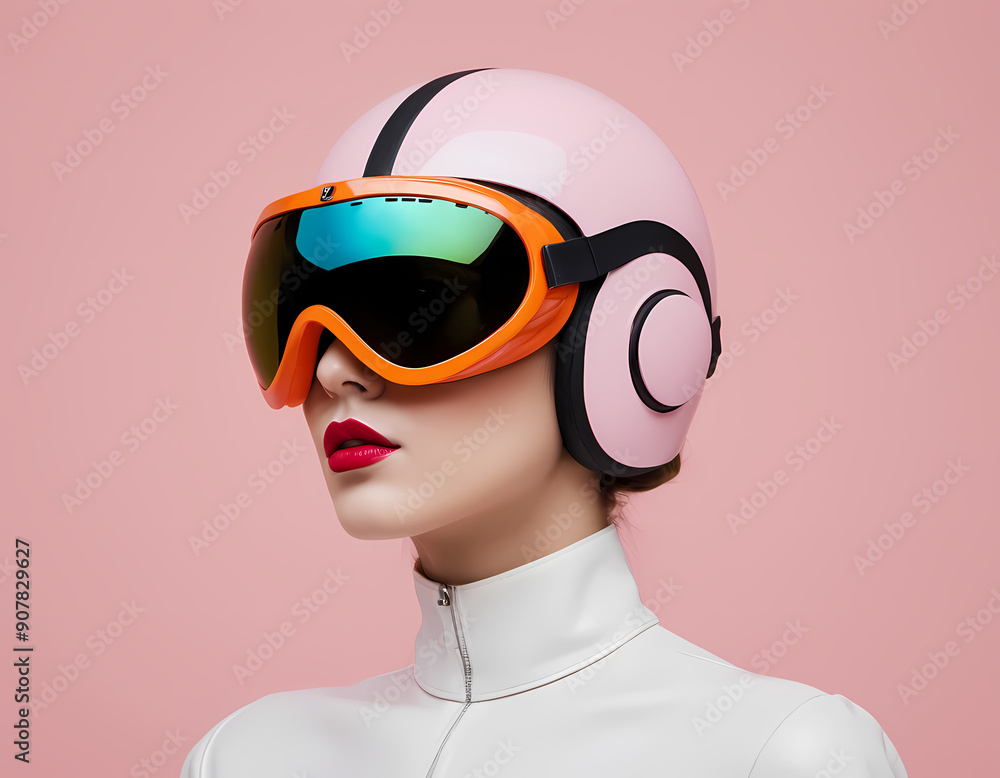 Wall mural woman in helmet and goggles against pink backdrop