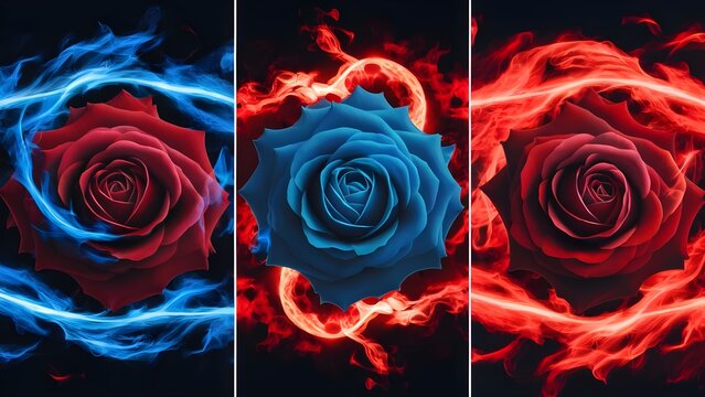 A shocking three panel rose painting with roses on fire in blue and red blazes