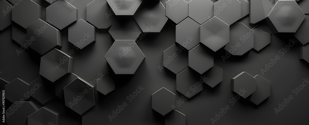 Poster 3d render of black abstract background with hexagon pattern, dark gray color