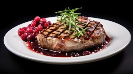 A perfectly grilled pork steak with a juicy, caramelized exterior and a tender, medium-rare interior, drizzled with a vibrant raspberry sauce.