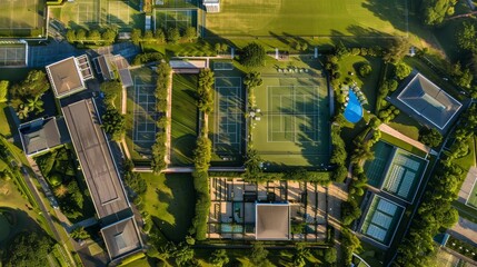 Aerial View of a Tennis Court Complex and Surrounding Greenery.
