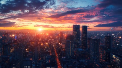Expansive view of the cityscape at dusk, highlighting the transition from day to night with a beautiful sunset backdrop