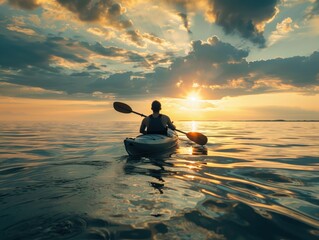 Kayaker Enjoying Sunset Views on a Serene Lake Surrounded by Trees
