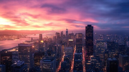 Fototapeta premium Expansive view of the cityscape at dusk, highlighting the transition from day to night with a beautiful sunset backdrop