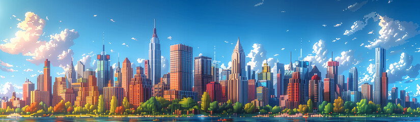 Landscape of metropolitan city pixel art illustration, Skyscraper in the city, city view pixel art banner