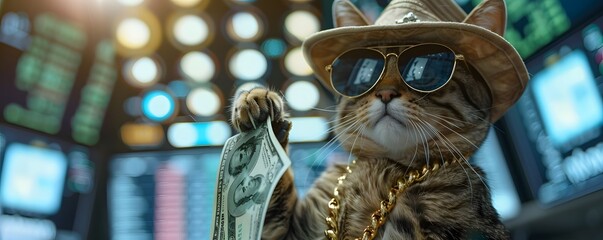 Cool rich gangster boss cat hipster with sunglasses, hat, headphones, gold chain and money dollars. Business, finance, creative idea. Crypto investor cat is holding a lot of money. Winning, concept