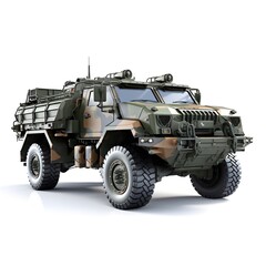 Military vehicle with armored plating and heavy-duty tires.