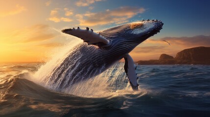 Fototapeta premium A photorealistic dolphin leaping out of the water, droplets of water glistening in the sunlight