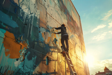 Artist on a Ladder Painting a Mural