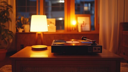 Retro record player spinning vinyl album, with a cozy living room setup and dim lighting