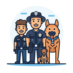 Cartoon representation male police officer standing smiling young boy two dogs, one large one small. Figures wear police uniforms, caps, badges dogs collars, tags. Graphic blue circular background