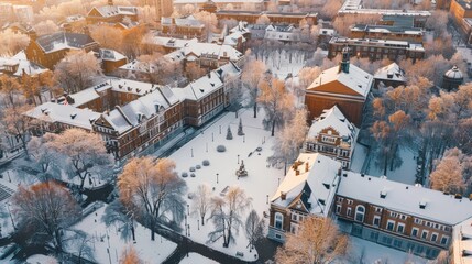 Snowy Aerial View of European Cityscape.