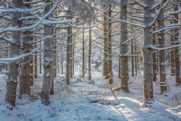Frosty forest scenery showcasing spruce branches adorned with a glaze of ice