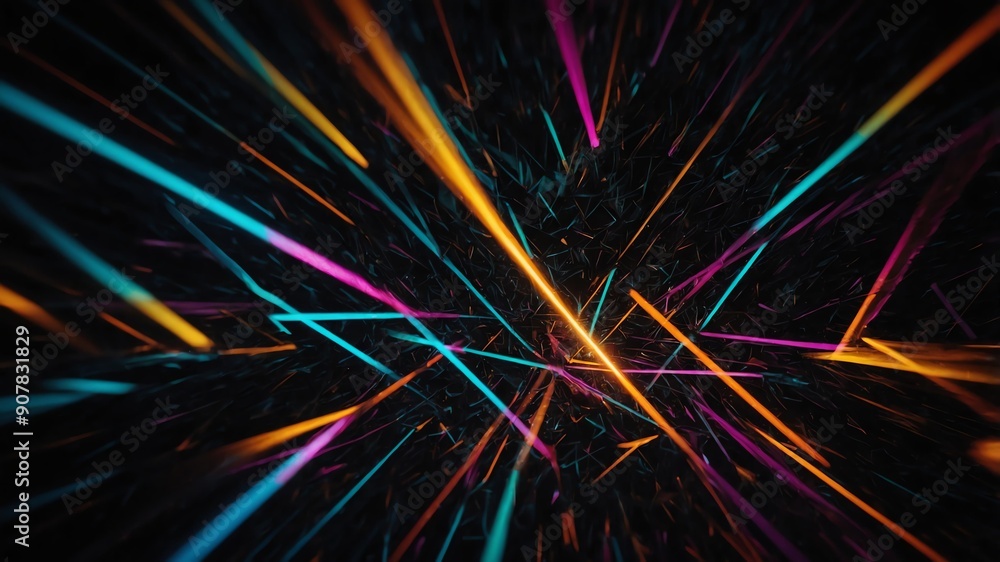 Wall mural colorful glowing triangles abstract in black background copy space design