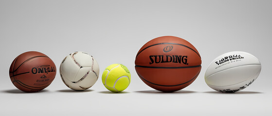 Various basketballs arranged in a line.
