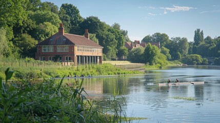 Obraz premium Rowing on a River with a Brick Boathouse.
