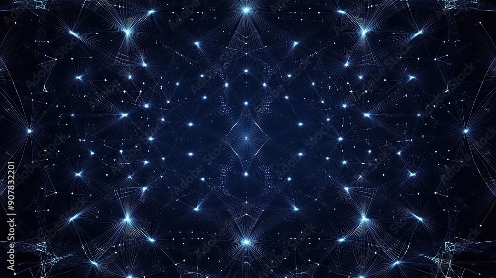 Poster futuristic polygonal pattern with illuminated dots and lines, set against a dark blue gradient backg