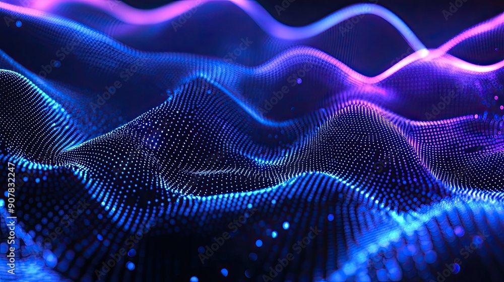Poster futuristic polygonal pattern with illuminated dots and lines, set against a dark blue gradient backg