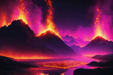 A fantastic landscape with a burning neon figure.