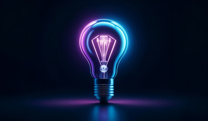 Cool tones holographic glowing lightbulb with copy space.