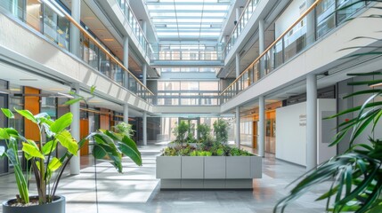 Modern Office Building Interior with Glass Atrium and Greenery.