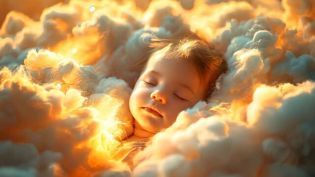 Dreamy baby peacefully sleeping in warm clouds