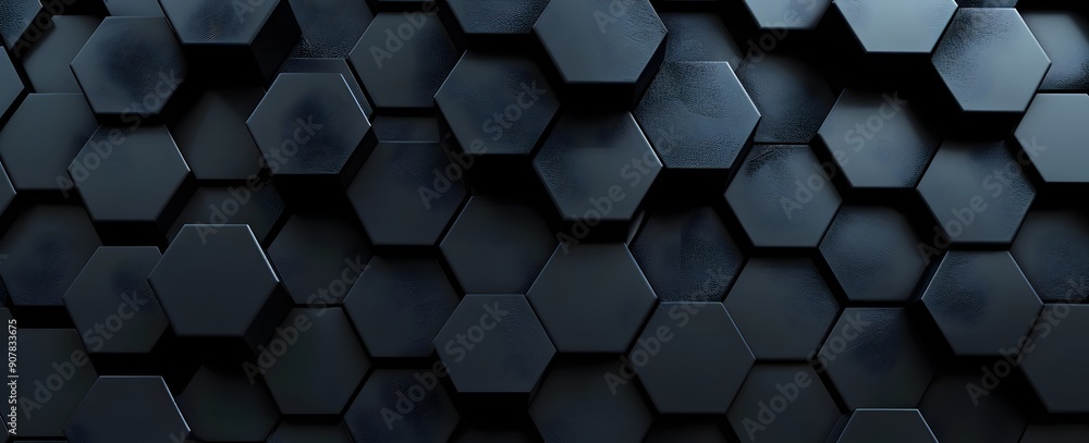 Poster 3d render of dark black hexagon background with seamless pattern -