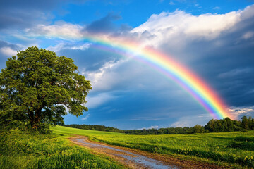 Obraz premium Regenbogen über grüner Wiese