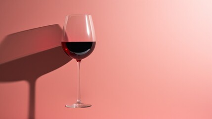 A single wine glass, half-filled with red wine, casting a long shadow