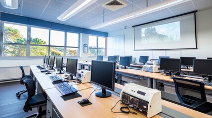 Modern Computer Lab Classroom with Windows and Projector