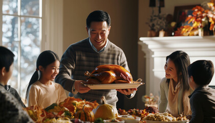 Thanksgiving family gathering in cozy living room. Father with beautifully roasted turkey on tray, everyone smiling and laughing around festively table with autumn-themed decorations, delicious dishes