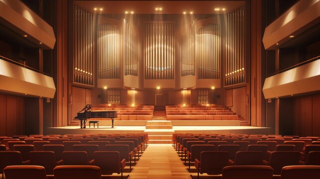 Empty concert hall with piano on stage.