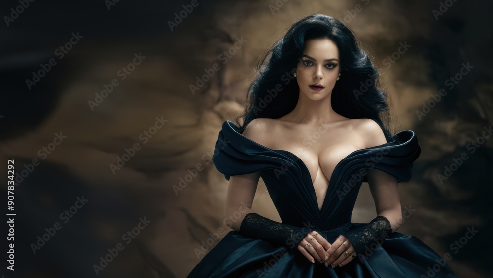 Canvas Prints A woman in a black dress with large breasts and long hair, AI