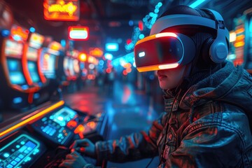 Person wearing VR headset playing futuristic video game in a neon-lit arcade. Immersive gaming experience with bright lights and vibrant colors.