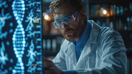 Scientist analyzing DNA sequences in a high-tech laboratory, exploring genetics and biotechnology advancements.